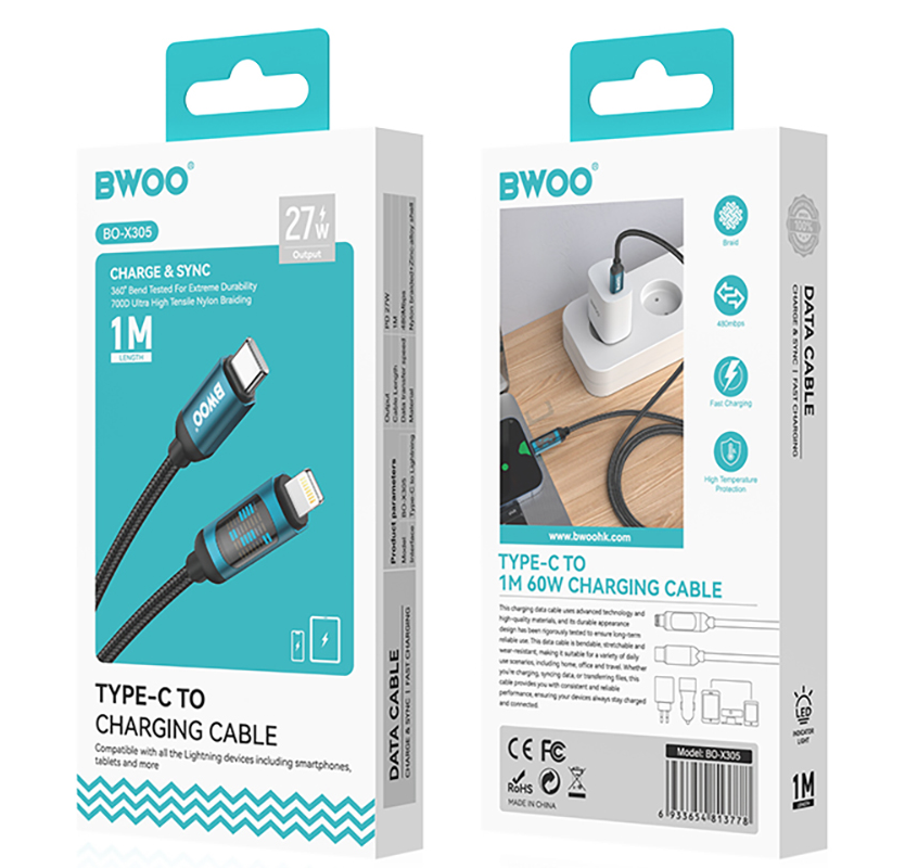 USB-C to Lightning Data and Charging Cable BWOO X305 Display, 27W, 1m, Black