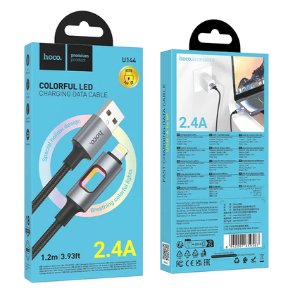USB-A to Lightning Data and Charging Cable HOCO U144 Led, 18W, 1.2m, Black