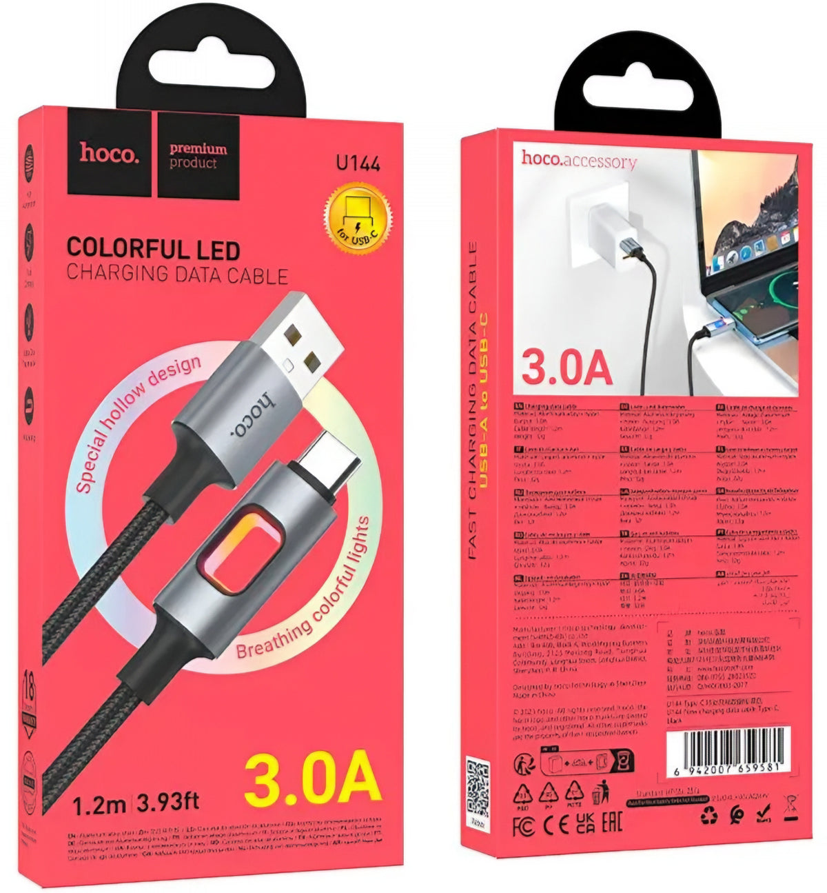 USB-A to USB-C Data and Charging Cable HOCO U144 Led, 18W, 1.2m, Black