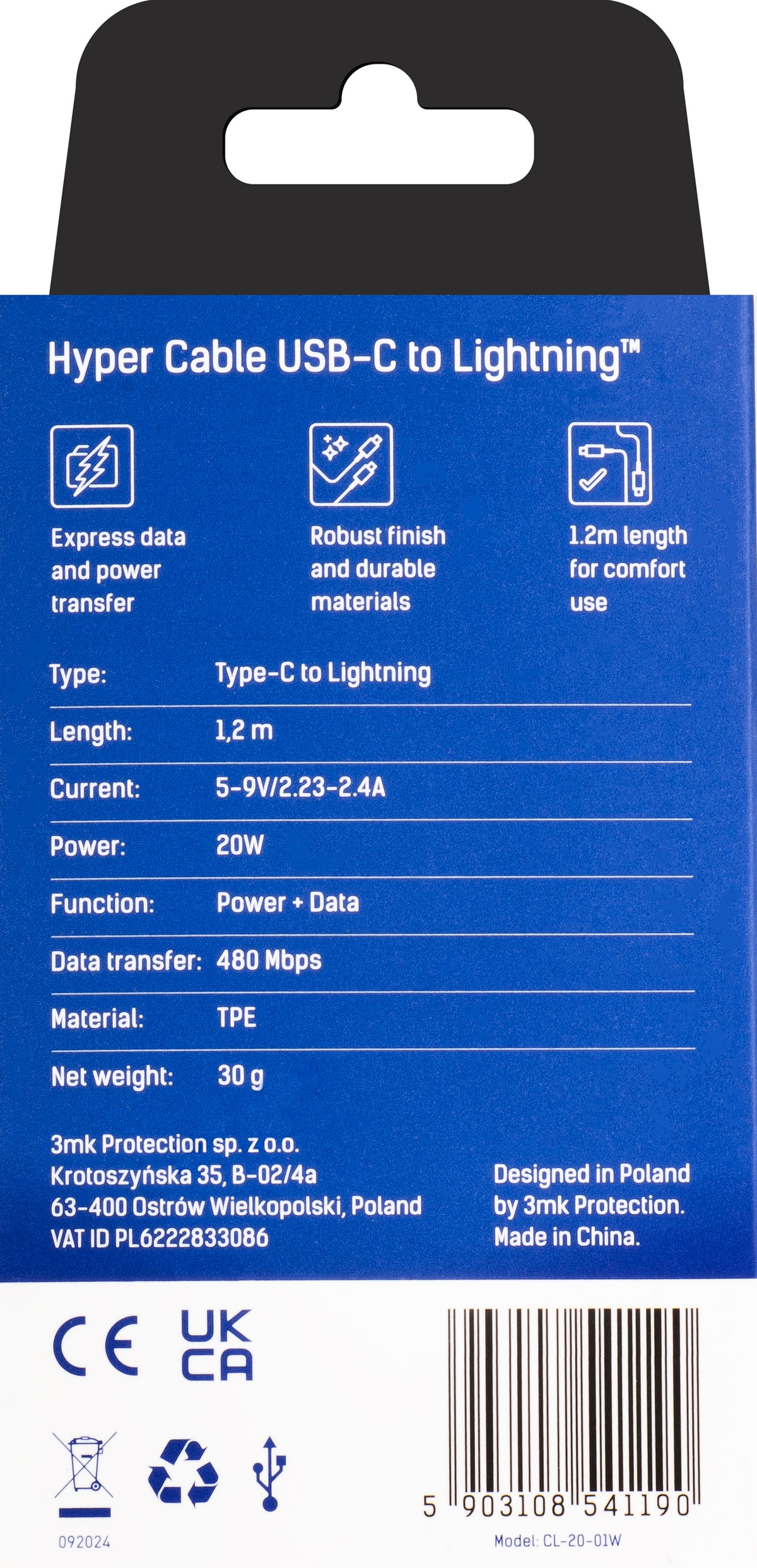 USB-C to Lightning Data and Charging Cable 3MK Hyper, 20W, 1.2m, White