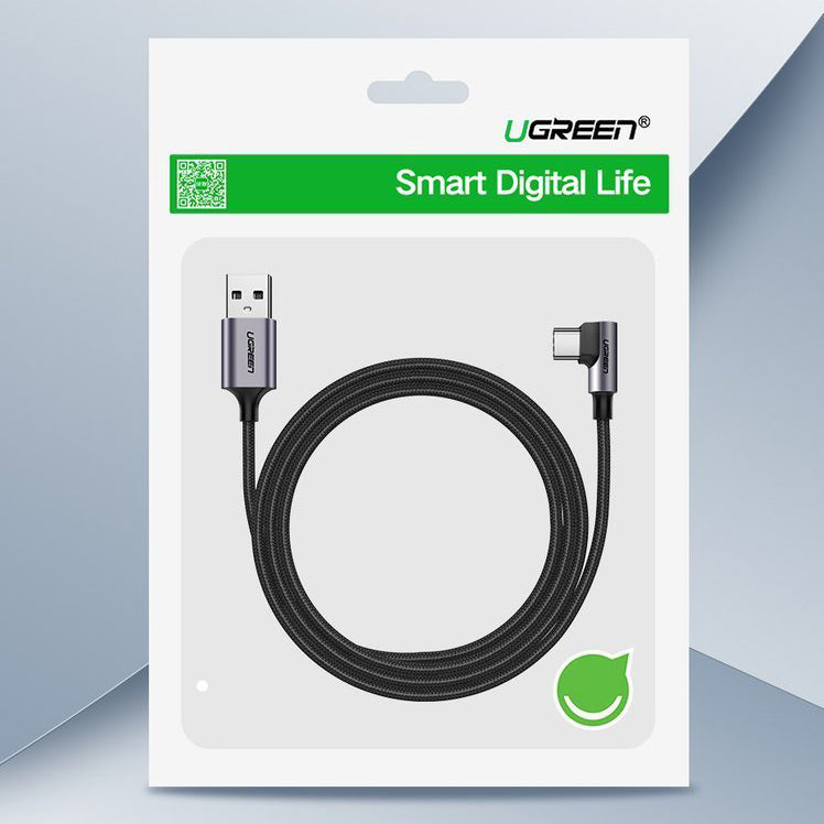 UGREEN US284 Angled USB-A to USB-C Data and Charging Cable, 18W, 2m, Gray