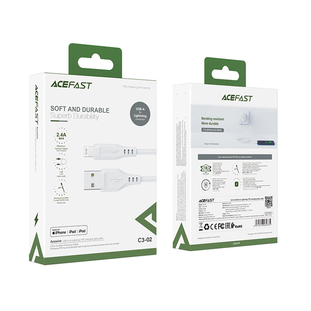 Καλώδιο Δεδομένων και Φόρτισης USB-A - Lightning Acefast C3-02, 18W, 1.2m, Λευκό