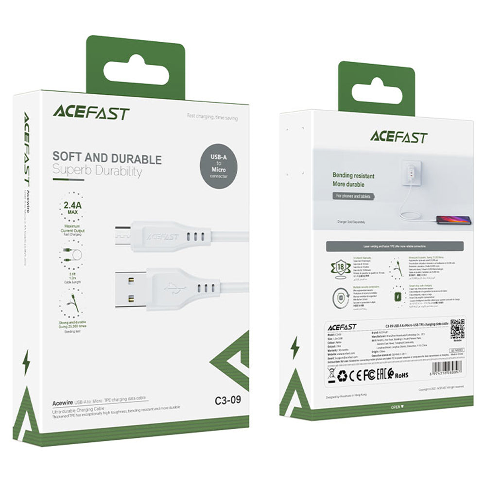 USB-A to microUSB Data and Charging Cable Acefast C3-09, 18W, 1.2m, White