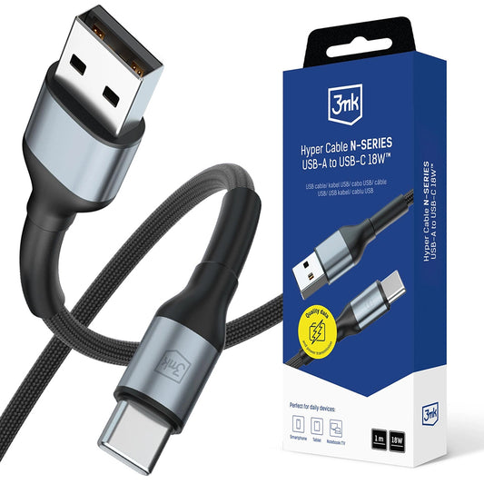 Καλώδιο Δεδομένων και Φόρτισης USB-A - USB-C 3MK Hyper N 18, 18W, 1m, Μαύρο