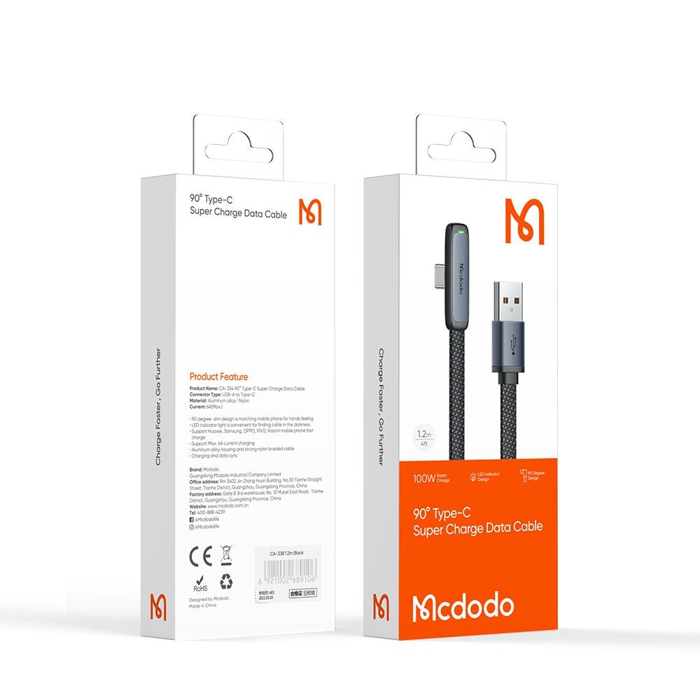 USB-A to USB-C McDodo CA-3340 Angled Data and Charging Cable, 100W, 1.2m, Black