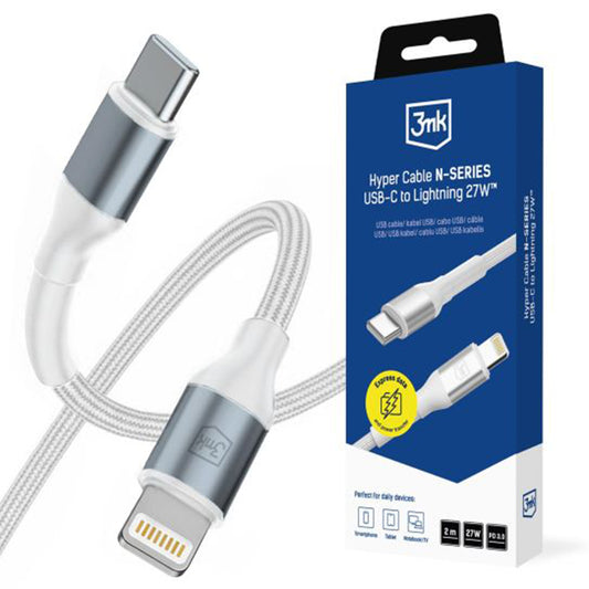 USB-C to Lightning Data and Charging Cable 3MK Hyper N, 27W, 2m, White