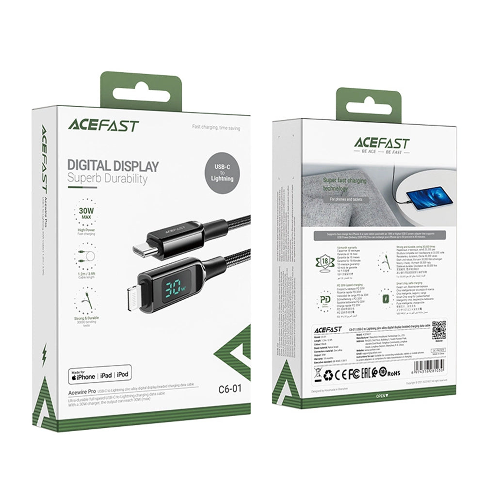 Καλώδιο Δεδομένων και Φόρτισης USB-C - Lightning Acefast C6-01 Display, 20W, 1.2m, Μαύρο