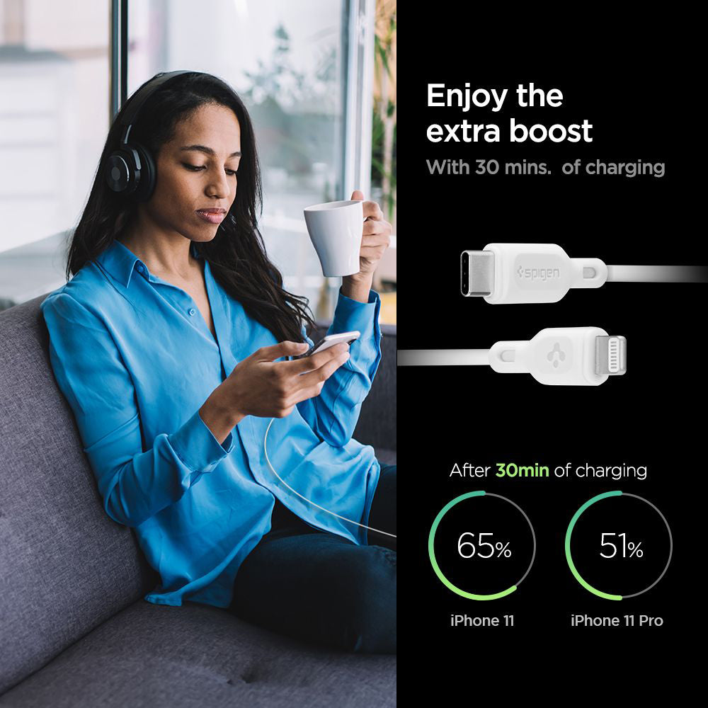 USB-C to Lightning Spigen Durasync Data and Charging Cable, 20W, 1m, White, Set of 2 Pieces