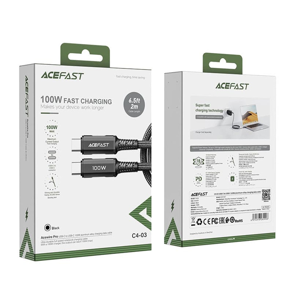 Καλώδιο Δεδομένων και Φόρτισης USB-C - USB-C Acefast C4-03, 100W, 2m, Μαύρο