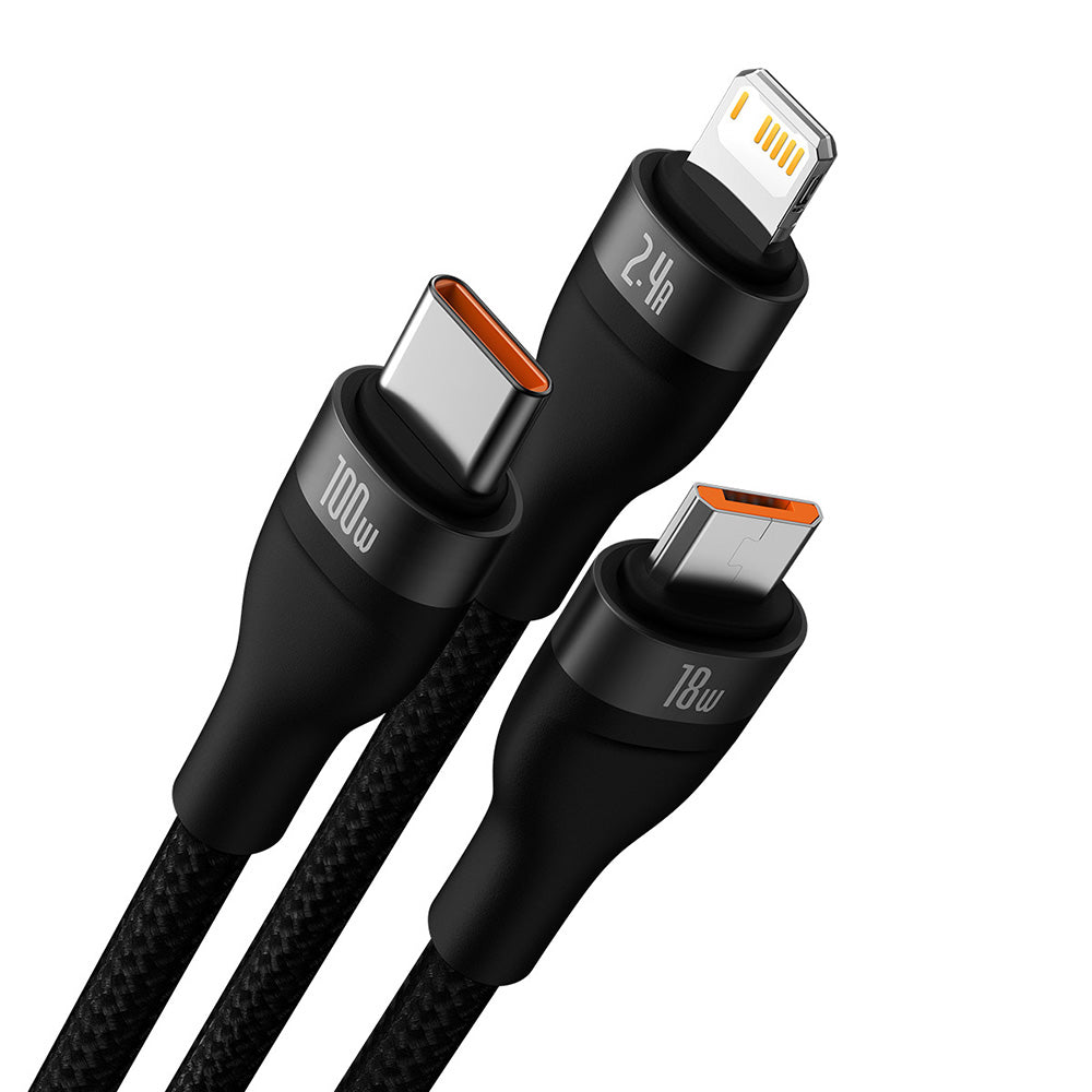 Καλώδιο Φόρτισης USB-A - Lightning / microUSB / USB-C Baseus Flash Series II 3σε1, 66W, 1.2m, Μαύρο CASS040001