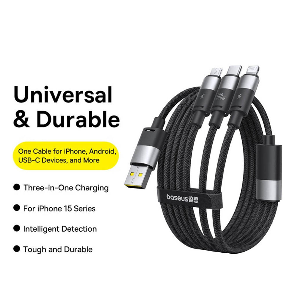 USB-A to Lightning / microUSB / USB-C Baseus StarSpeed 3in1 Charging Cable, 100W, 1.5m, White P10319900211-00