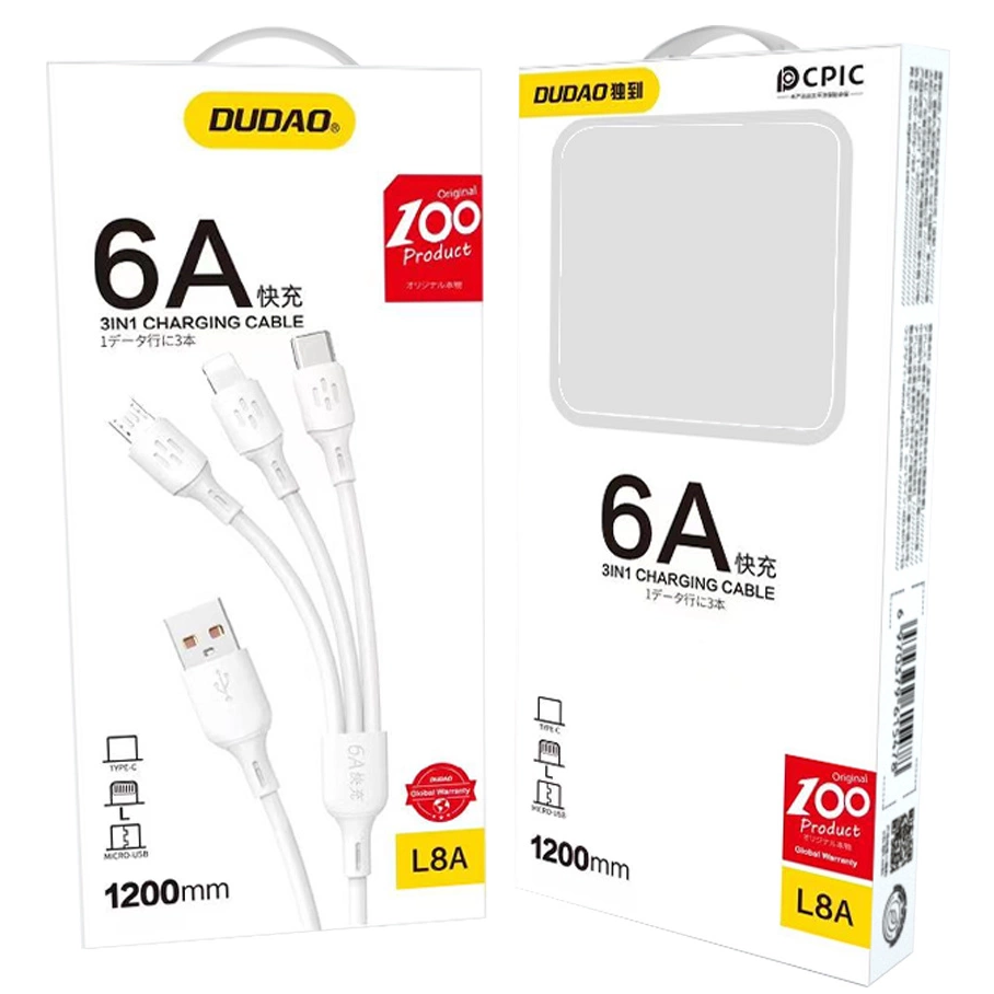 Καλώδιο Φόρτισης USB-A - Lightning / microUSB / USB-C Dudao L8A 3in1, 66W, 1.2m, Λευκό