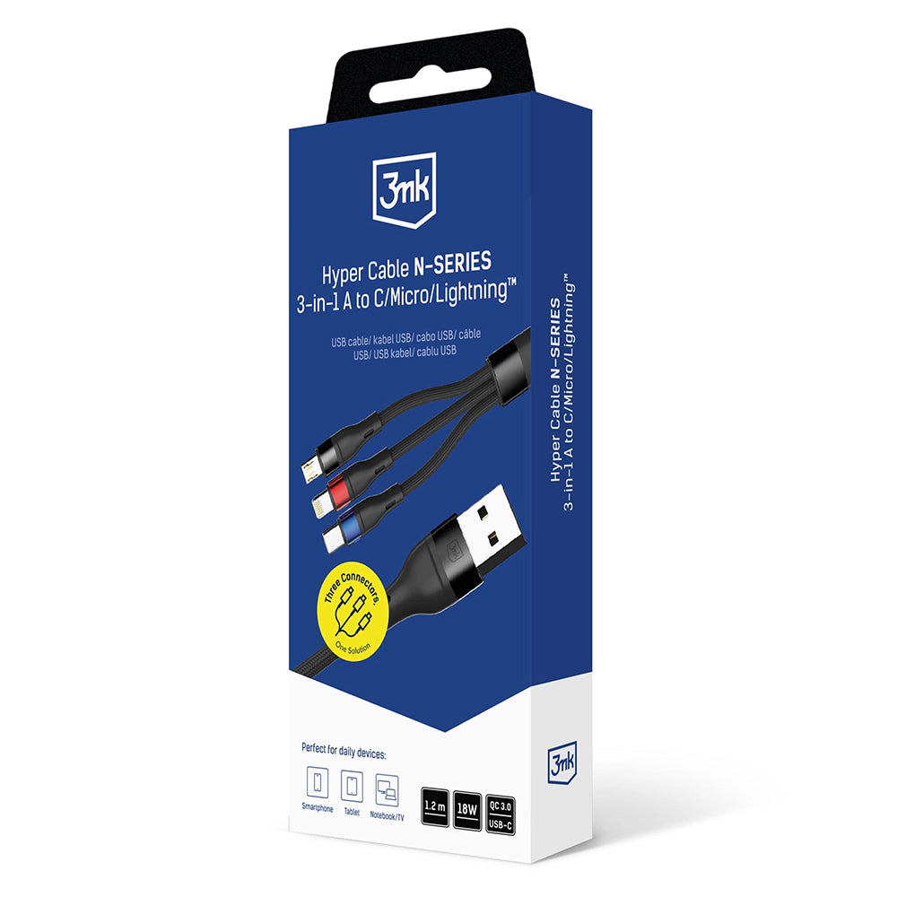 Καλώδιο Φόρτισης USB-A - Lightning / microUSB / USB-C 3MK Hyper N, 18W, 1.2m, Μαύρο