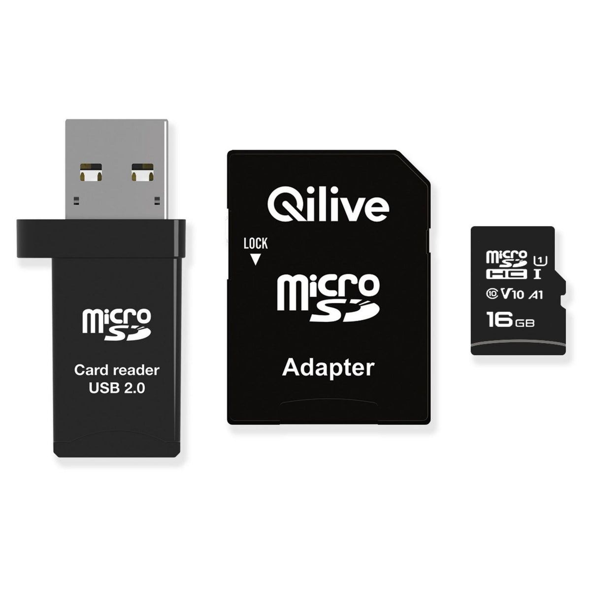 Qilive microSDHC Memory Card, 16GB, Class 10, With Card Reader and Adapter EKMSDM16GHC10QL