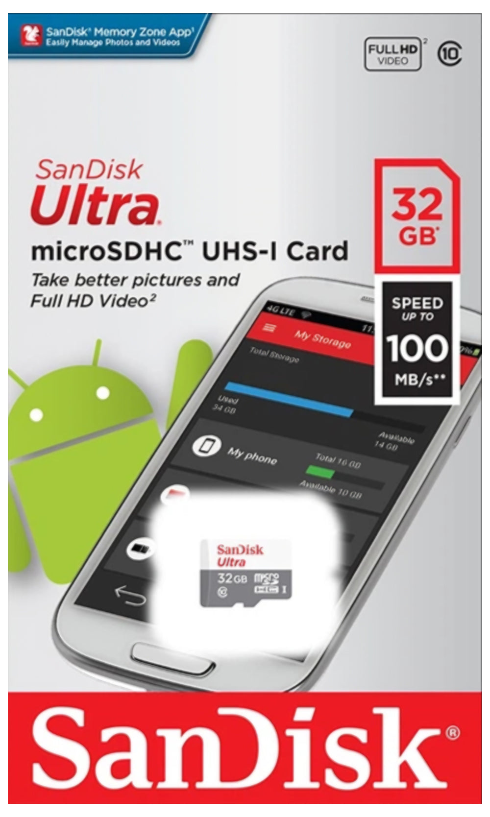 Κάρτα Μνήμης microSDHC SanDisk Ultra, 32Gb, Κλάση 10 SDSQUNR-032G-GN3MN