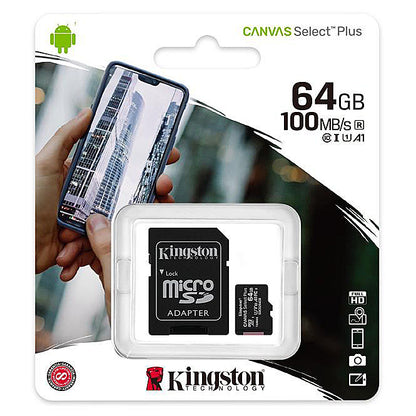 Κάρτα Μνήμης microSDXC Kingston Canvas Select Plus Android A1, 64Gb, Κλάση 10 / UHS-1 U1, Με Προσαρμογέα SDCS2/64GB