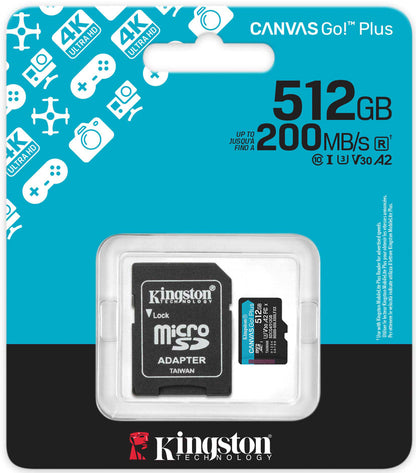 Κάρτα Μνήμης microSDXC Kingston Canvas Go Plus Android A2, 512Gb, Κλάση 10 / UHS-1 U3, Με Προσαρμογέα SDCG4/512GB
