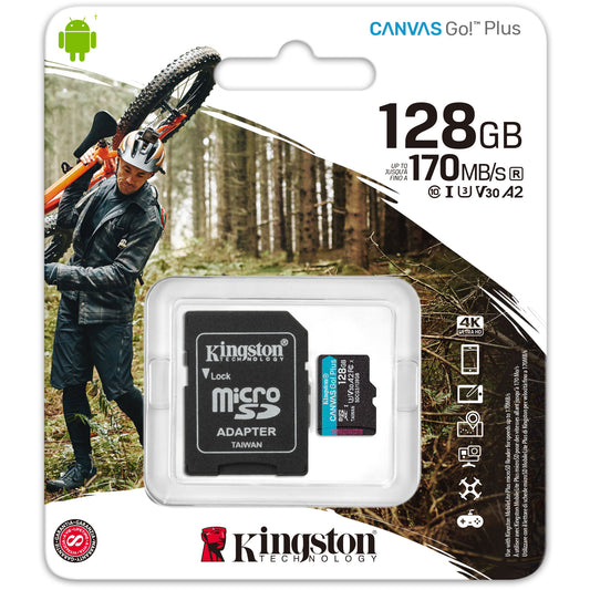 Κάρτα Μνήμης microSDXC Kingston Canvas Go Plus Android A2, 128Gb, Κατηγορία 10 / UHS-1 U3, Με Αντάπτορα SDCG3/128GB