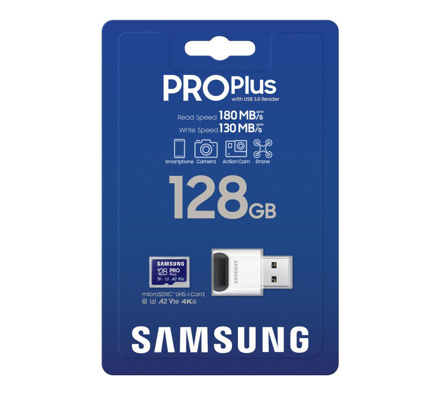 Samsung PRO Plus microSDXC Memory Card, 128Gb, Class 10 / UHS-1 U3, with Card Reader MB-MD128SB/WW