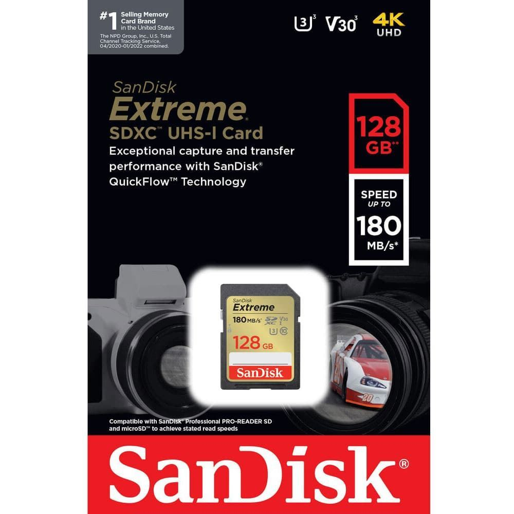 SanDisk Extreme SDXC Memory Card, 128Gb, Class 10 / UHS-1 U3 SDSDXVA-128G-GNCIN