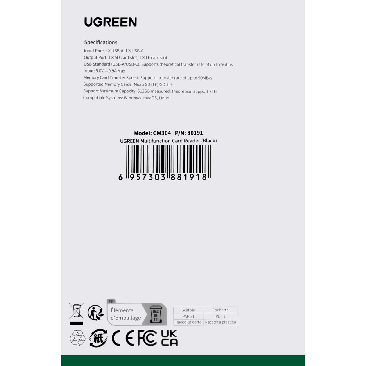 Αναγνώστης καρτών USB / USB-C UGREEN CM304, SD - microSD, Μαύρο 