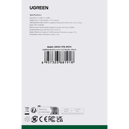 Αναγνώστης καρτών USB / USB-C UGREEN CM304, SD - microSD, Μαύρο 