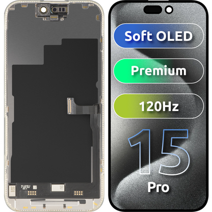 Οθόνη με Touchscreen MP συμβατή με Apple iPhone 15 Pro, με Πλαίσιο, Premium Soft OLED FHD 120Hz Έκδοση, Μαύρο