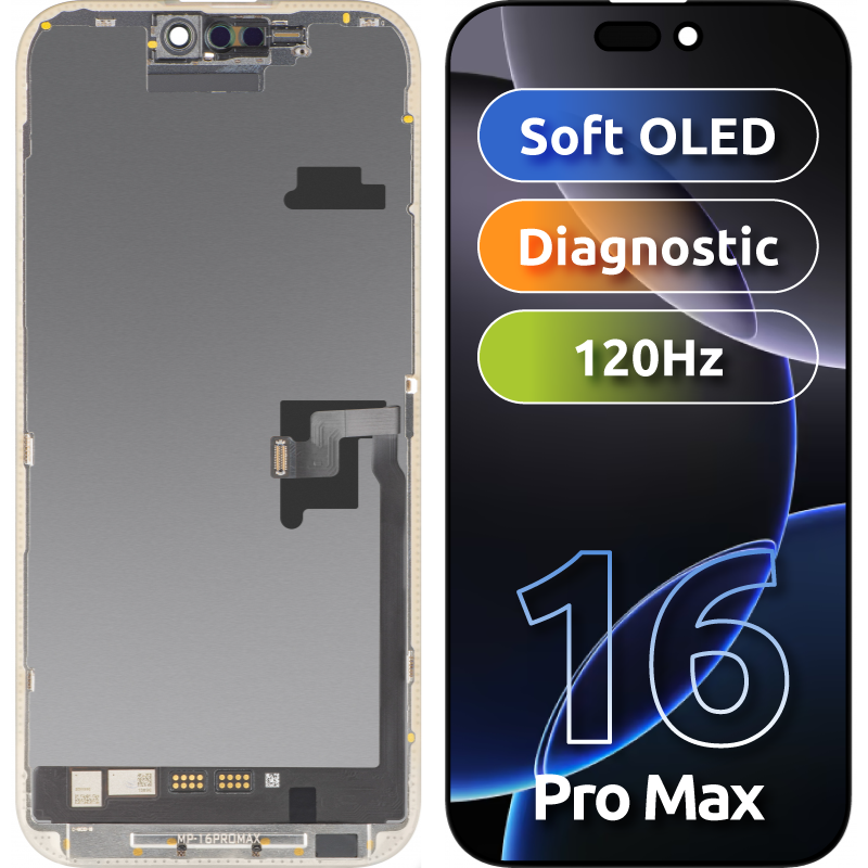 MP Touchscreen Display compatible with Apple iPhone 16 Pro Max, with Frame, OLED FHD 120Hz Diagnostic Soft Version, Black