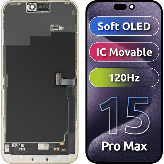 Οθόνη αφής MP συμβατή με Apple iPhone 15 Pro Max, με Πλαίσιο, Έκδοση Soft OLED FHD 120Hz IC Movable, Μαύρη