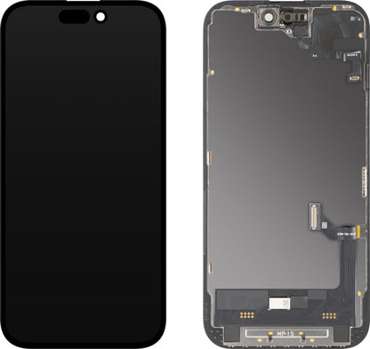 Touchscreen Display with Light Proximity Sensor MP compatible with Apple iPhone 15, with Frame, OLED FHD Diagnostic Software Version, Black