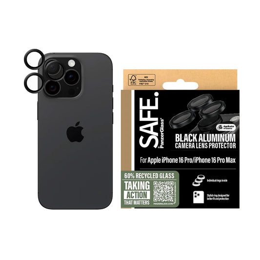 Προστατευτική Μεμβράνη Κάμερας Πίσω PanzerGlass Safe. για Apple iPhone 16 Pro Max / 16 Pro, Ενισχυμένο Γυαλί, Μαύρο.