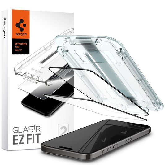 Προστατευτική Μεμβράνη Οθόνης Spigen GlastR EZ FIT για Apple iPhone 15 Pro Max, Ενισχυμένο Γυαλί, Πλήρης Κόλληση, Σετ 2 τεμαχίων, Μαύρη AGL06873