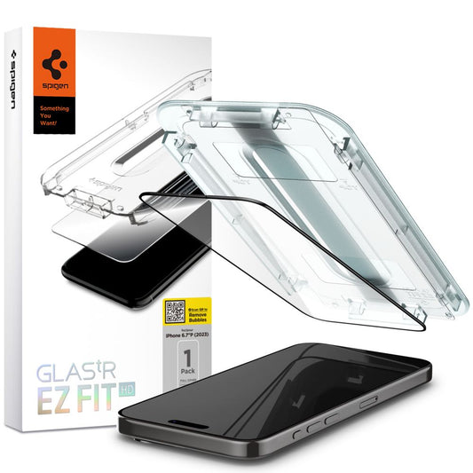 Προστατευτική Μεμβράνη Οθόνης Spigen GlastR EZ FIT HD για Apple iPhone 15 Pro Max, Ενισχυμένο Γυαλί, Πλήρης Κόλληση, Μαύρη AGL06879