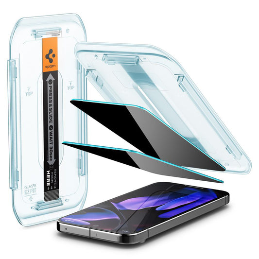 Προστατευτική μεμβράνη οθόνης Privacy Spigen GlastR EZ FIT για Google Pixel 9 / 9 Pro, Ασφαλισμένο γυαλί, Πλήρης κόλλα, Σετ 2 τεμαχίων AGL09312