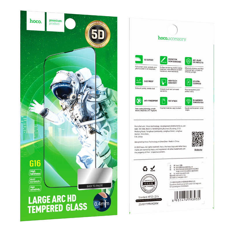 HOCO G16 Screen Protector for Apple iPhone 16 / 15, Tempered Glass, Full Glue, 5D, Black