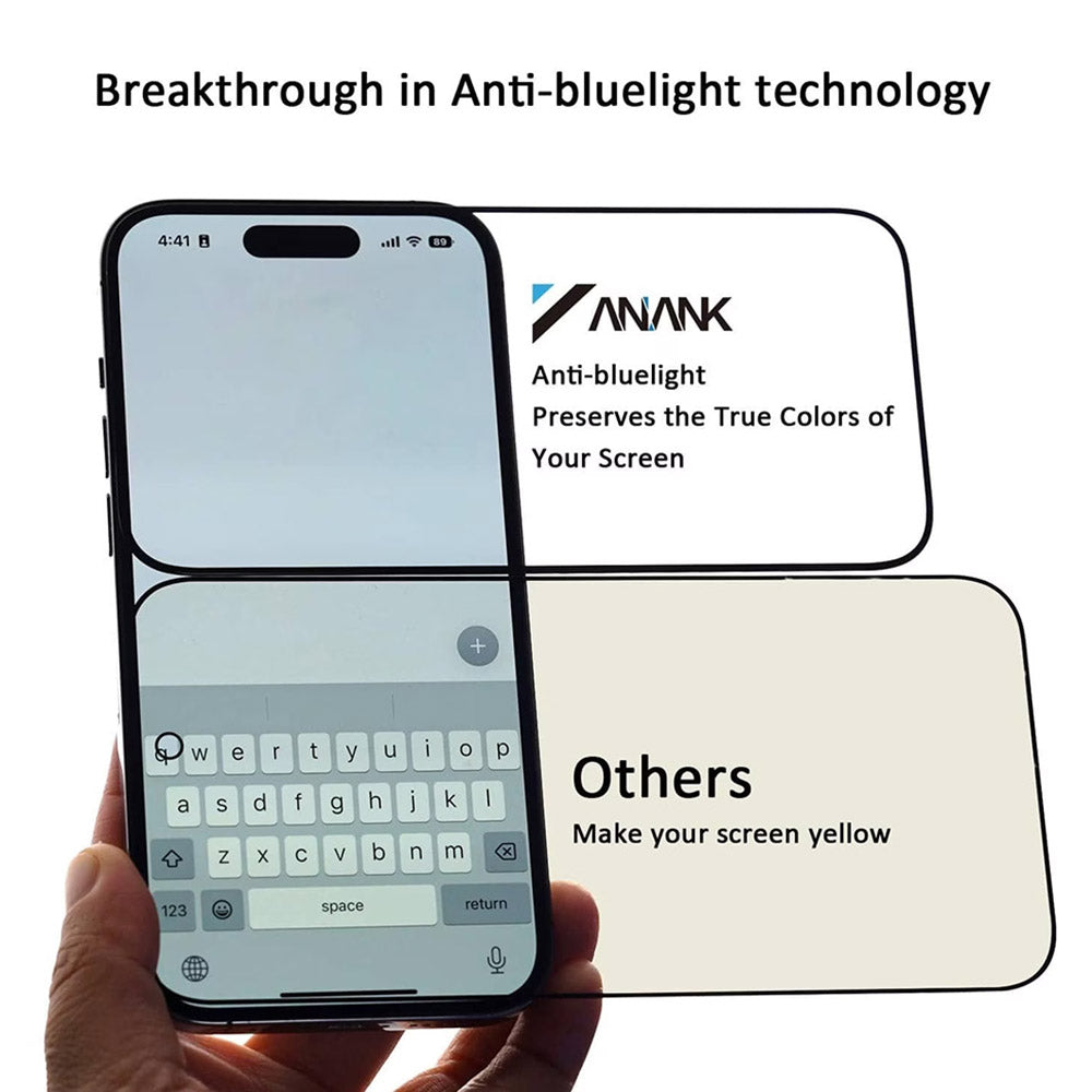 Anank 3X Reinforced Anti Blue Light Screen Protector for Apple iPhone 16, Tempered Glass, Full Glue, 2.5D, Black