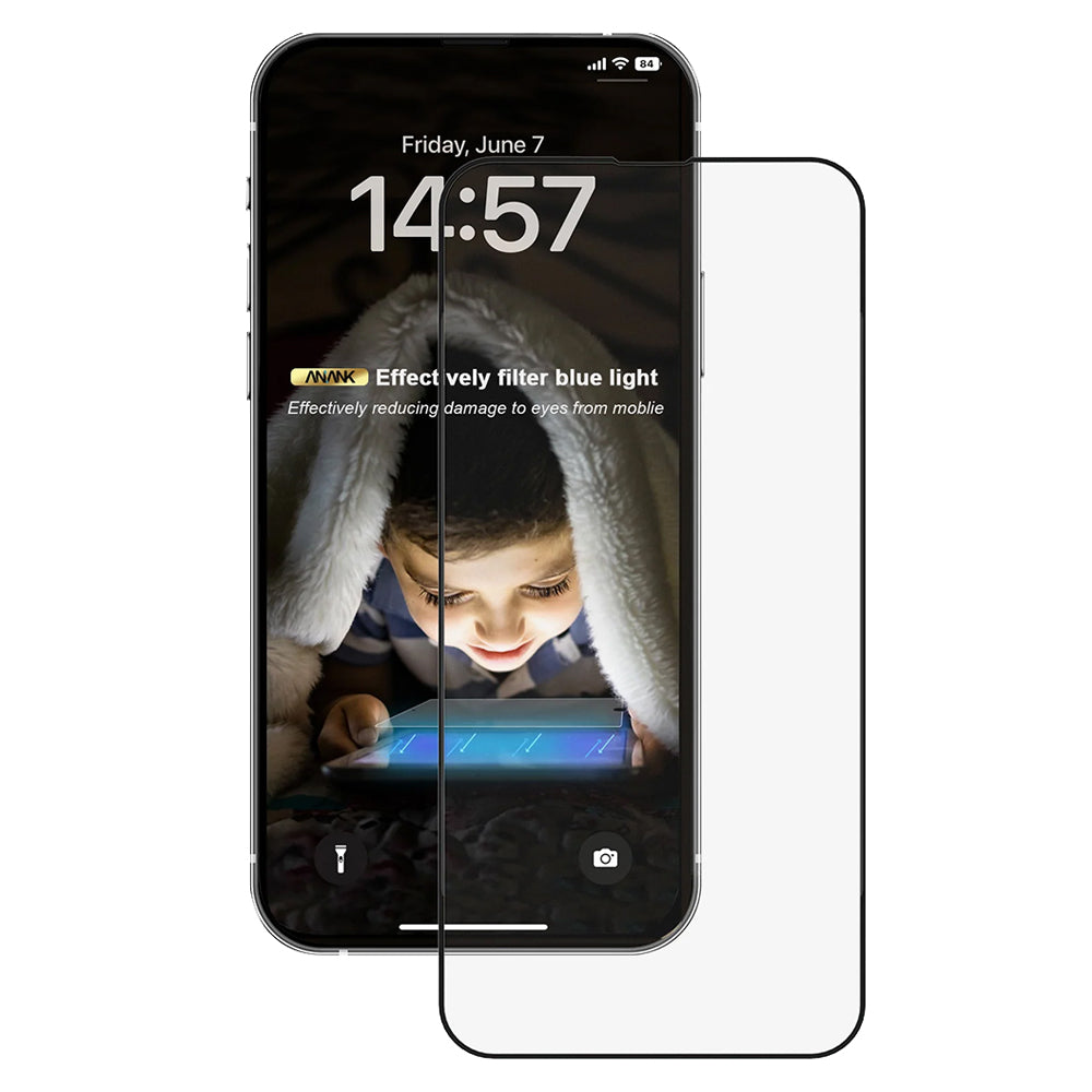 Anank Anti Blue Light Screen Protector for Apple iPhone 17e / 16e / 14 / 13 Pro, Tempered Glass, Full Glue, 2.5D, Black