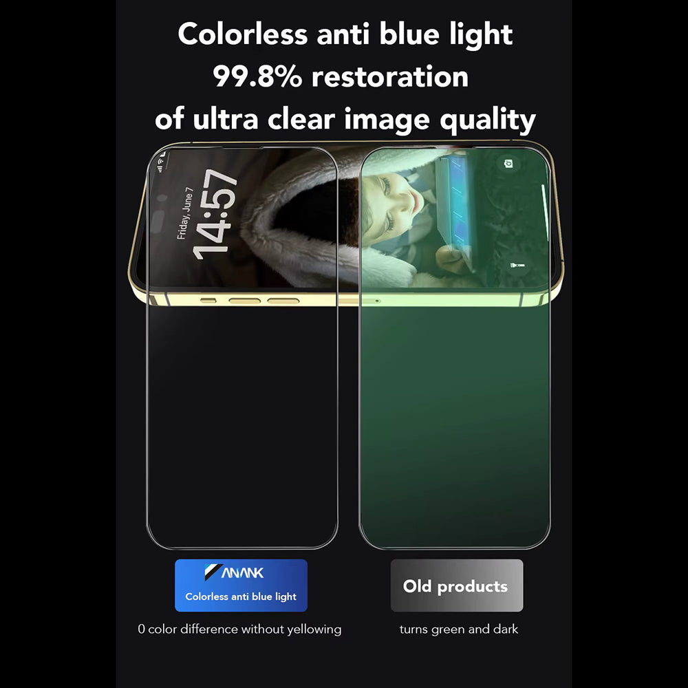 Anank Anti Blue Light Screen Protector for Apple iPhone 17e / 16e / 14 / 13 Pro, Tempered Glass, Full Glue, 2.5D, Black