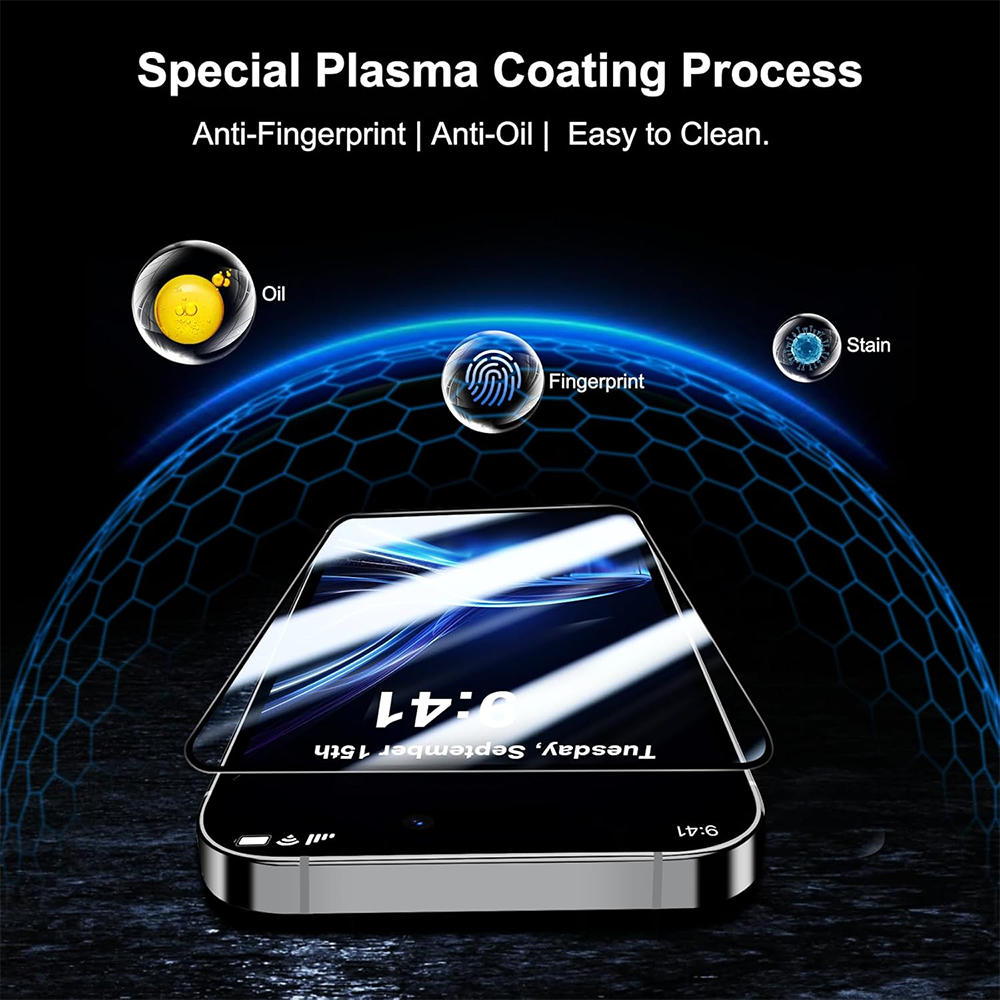Blueo Anti-Broken Screen Protector Film for Apple iPhone 16 / 15 / 14 Pro, Tempered Glass, Full Glue, Black