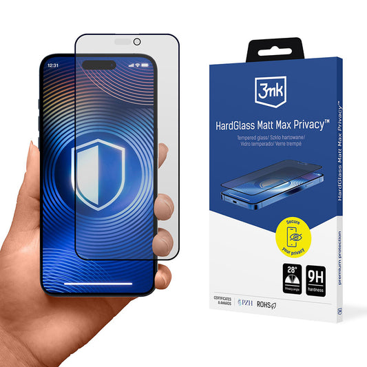 Προστατευτική μεμβράνη οθόνης Matte Privacy 3MK HardGlass Max για Apple 17 Pro Max, Ασφαλισμένο γυαλί, Πλήρης κόλλα