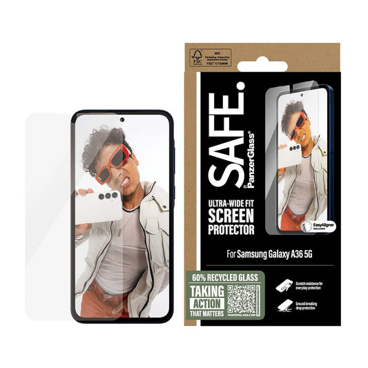 Προστατευτική Μεμβράνη Οθόνης PanzerGlass Safe. Ultra-Wide Fit EasyAligner για Samsung Galaxy A36 A366, Ενισχυμένο Γυαλί, Full Glue
