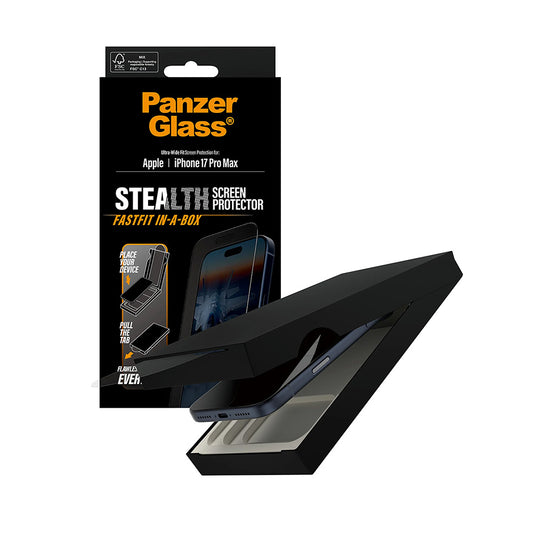 Προστατευτική μεμβράνη οθόνης PanzerGlass Ultra-Wide Fit Stealth Fastfit για Apple 17 Pro Max, Ασφαλισμένο γυαλί, Πλήρης κόλλα, Μαύρο