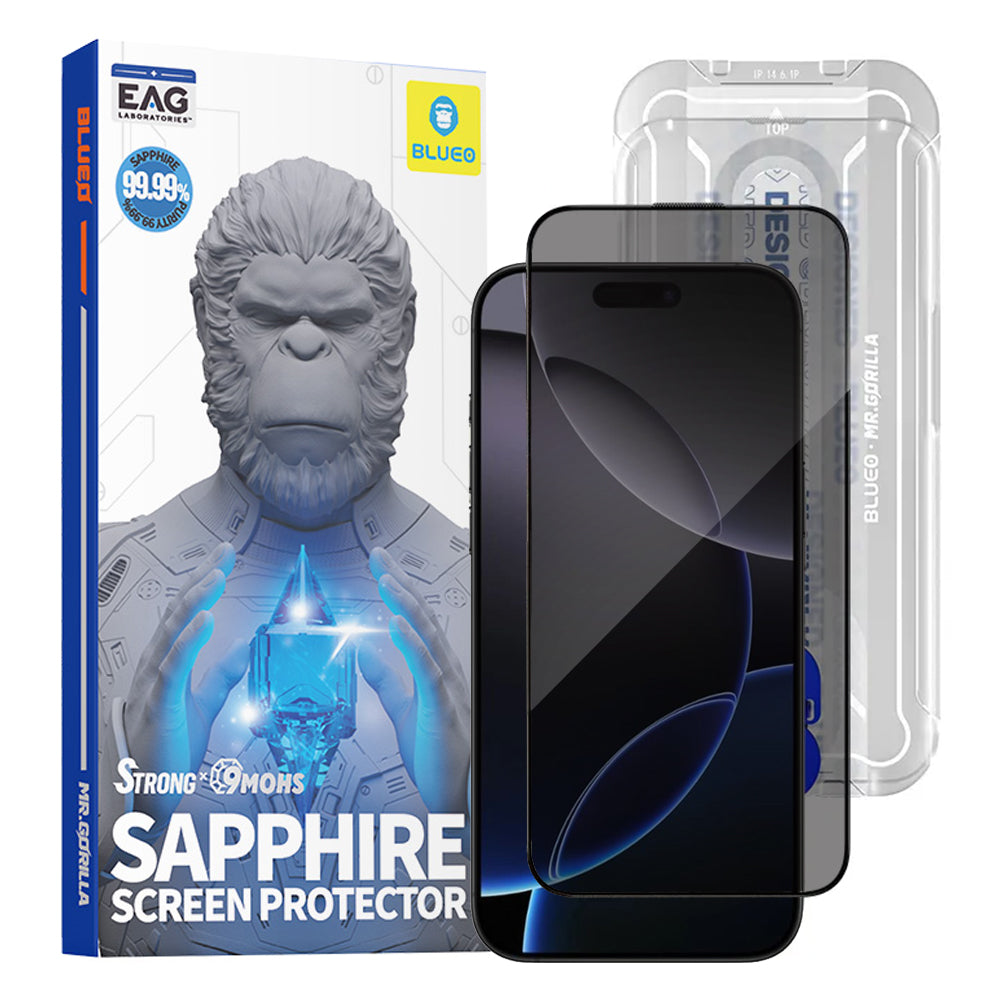 Privacy Screen Protector Blueo Sapphire Applicator Pro for Apple 17 Pro Max / 16 Pro Max, Tempered Glass, Full Glue