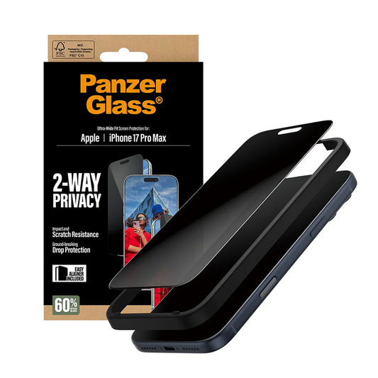 Προστατευτική μεμβράνη οθόνης Privacy PanzerGlass Ultra-Wide Fit 2-Way EasyAligner για Apple 17 Pro Max, Ασφαλισμένο Γυαλί, Πλήρης Κόλλα