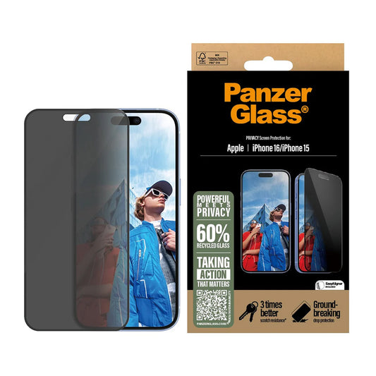 Προστατευτική Μεμβράνη Οθόνης Privacy PanzerGlass Ultra-Wide Fit EasyAligner για Apple iPhone 16 / 15, Ενισχυμένο Γυαλί, Full Glue