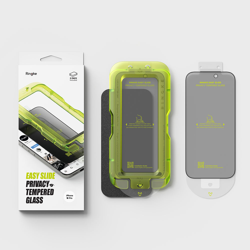 Προστατευτική μεμβράνη οθόνης Privacy Ringke Easy Slide για Apple iPhone 18 Pro Max, Ασφαλισμένο γυαλί, Πλήρης κόλλα, Σετ 2 τεμαχίων