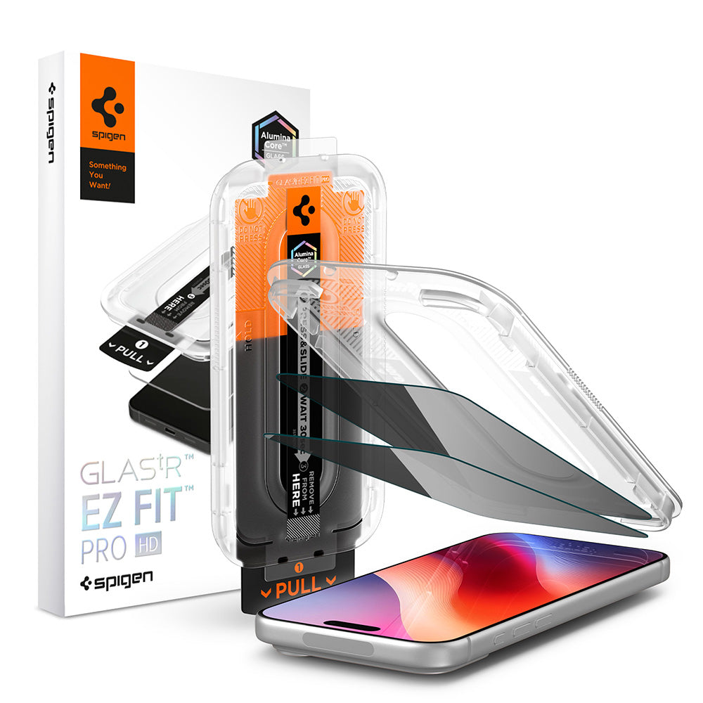 Προστατευτική μεμβράνη οθόνης Privacy Spigen GlastR EZ FIT Pro HD για Apple iPhone 18 Pro, Ασφαλισμένο γυαλί, Πλήρης κόλλα, Σετ 2 τεμαχίων AGL12027