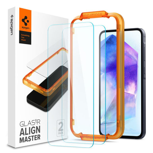 Προστατευτική μεμβράνη οθόνης Spigen GlastR Align Master για Samsung Galaxy A55 5G A556, Ασφαλισμένο γυαλί, Πλήρης κόλλα, Σετ 2 τεμαχίων AGL07775