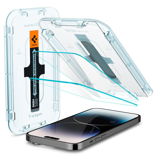 Προστατευτική μεμβράνη οθόνης Spigen GlastR EZ FIT για Apple iPhone 14 Pro, Ασφαλισμένο γυαλί, Πλήρης κόλλα, Σετ 2 τεμαχίων AGL05214