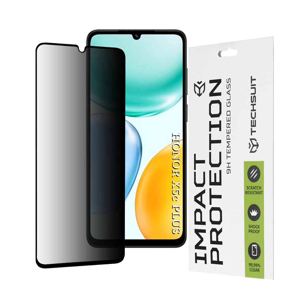 Privacy Techsuit Screen Protector for Honor X5c Plus, Tempered Glass, Full Glue, 111D